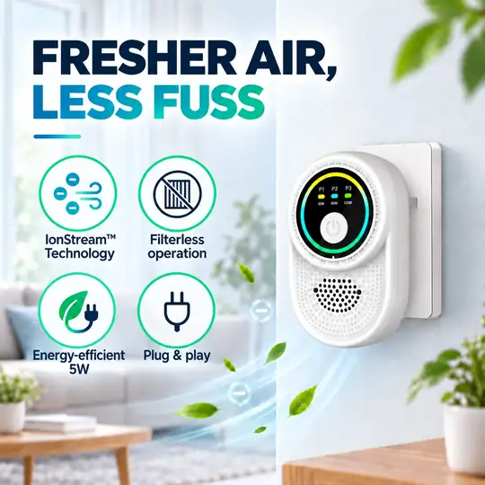 Ion Pure Pro product feature graphic showing the device, controls and plug-in format