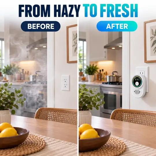 Illustration comparing a hazy kitchen scene with a brighter kitchen featuring the Ion Pure Pro device