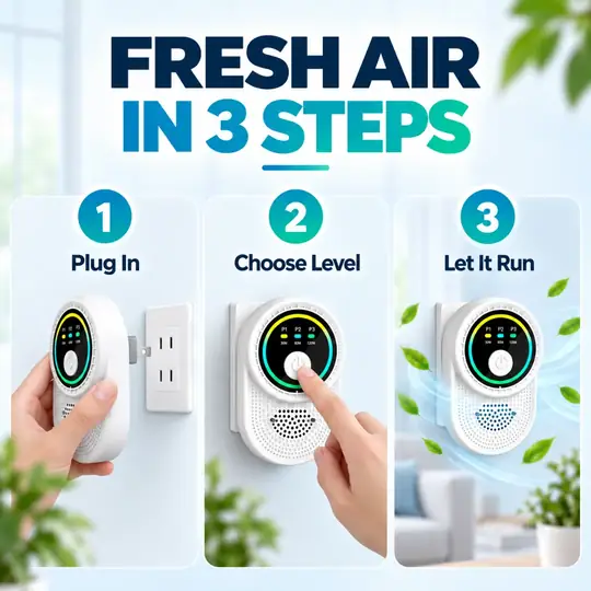 Three-step Ion Pure Pro setup graphic: plug in, choose a level and let it run